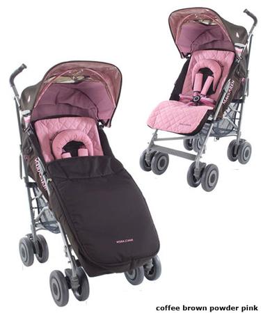 Maclaren Techno XLR цвет Coffee Brown / Powder Pink Maclaren Techno XLR, коляска-трость с накидкой на ножки Рекомендуется для детей от рождения. Прогулочное сидение:  4 положения спинки (включая почти горизонтальное - 165 градусов);  удлинняемое спальное место;  ширина спального места 40 см;  длина спального места 71 см (с подножкой 82 см);  пятиточечные ремни безопасности;  мягкая подушечка-подголовник;  Капюшон:  складывающийся, съемный;  из облегченной, светоотражающей ткани;  с ультрафиолетовым козырьком;  ультрафиолетовое окно на крыше;  2 кармана на колпаке.  Ручка:  выдвижные эргономические ручки;  фиксируются в 3-х положениях;  высота ручки 111 см.  Колеса:  8 сдвоенных колес;  диаметр - 160 мм;  передние вращающиеся на 360 градусов с возможностью фиксации;  резиновые.  Шасси:  дюралевое.  ножной стояночный тормоз на два задних колеса;  ширина шасси: 49,5 см.  Размер трости в собранном виде (Ш х Д): 28,5 х 108 (см). Вес коляски без принадлежностей: 7,4 кг. Вес коляски с аксессуарами (сетка для продуктов, капюшон): 8 кг.  В комплект входит: дождевик,матрасик, съемный подголовник, чехол на ножки, сетка для продуктов.